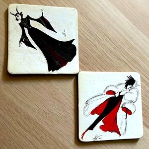 OUAT Malificent and Cruella coasters with sketches by designer Eduardo Castro